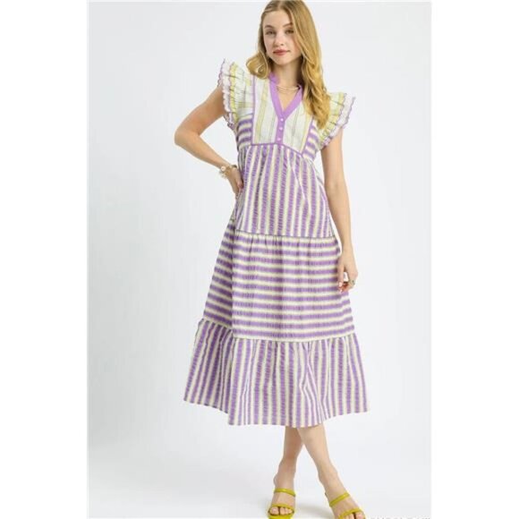 Umgee Striped Ruffle Cap Sleeve Midi Dress - Picture 1 of 4